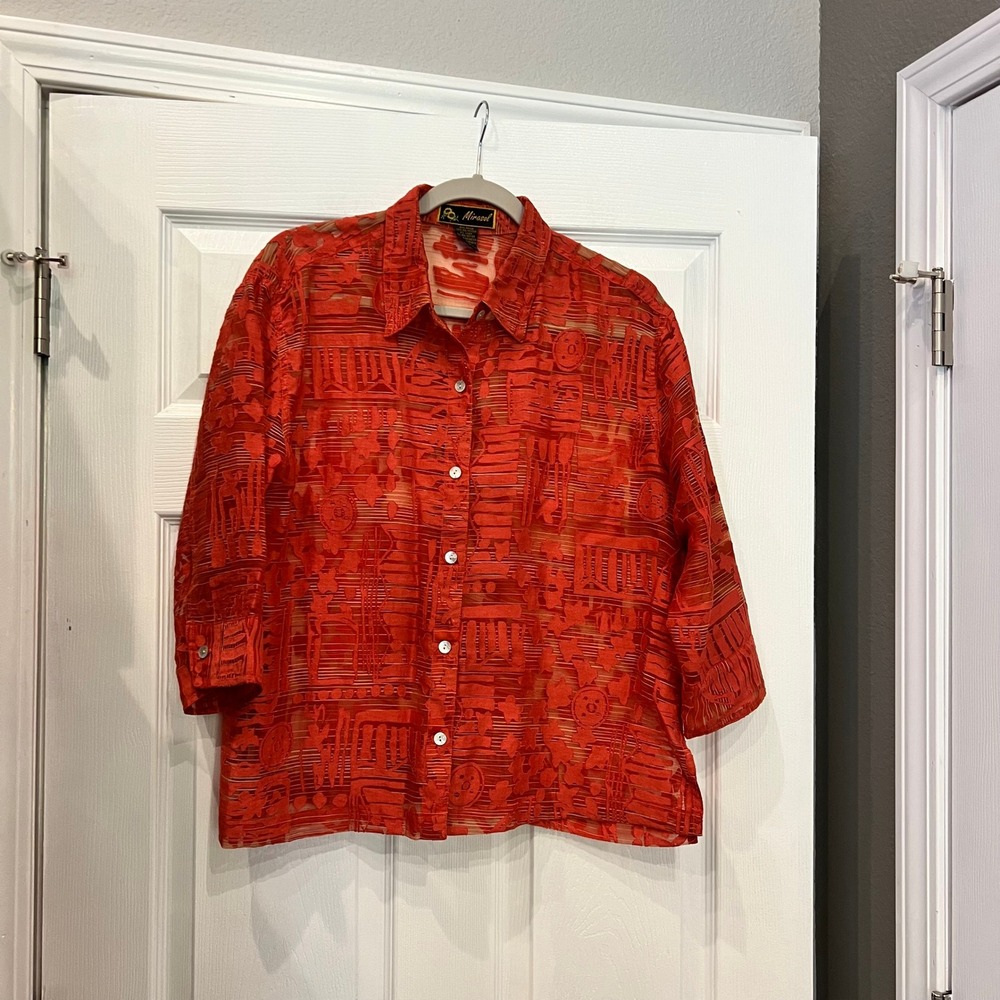 Mirasol Blouse Rayon Linen Burnout Abstract Art to Wear Orange Red  L Eclectic
